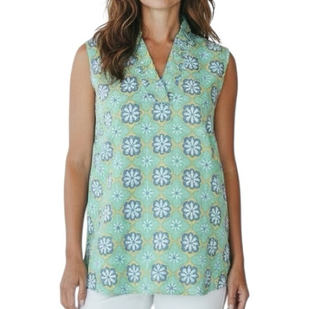 NWT DRAPER JAMES Green Floral Sleeveless Ruffle V-Neck Eugenia Top Size Large